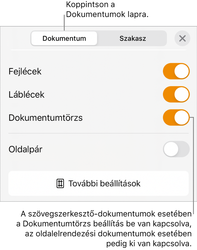 A Dokumentum formázás vezérlők a képernyő alján található bekapcsolt Dokumentumtörzs funkcióval.
