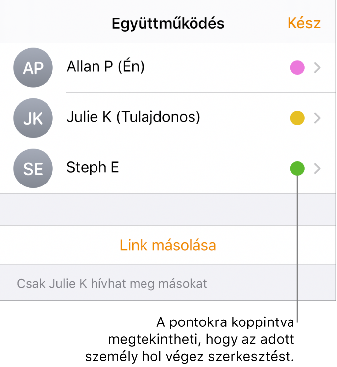 A résztvevők listája három résztvevővel és az egyes nevektől jobbra található eltérő színű ponttal.