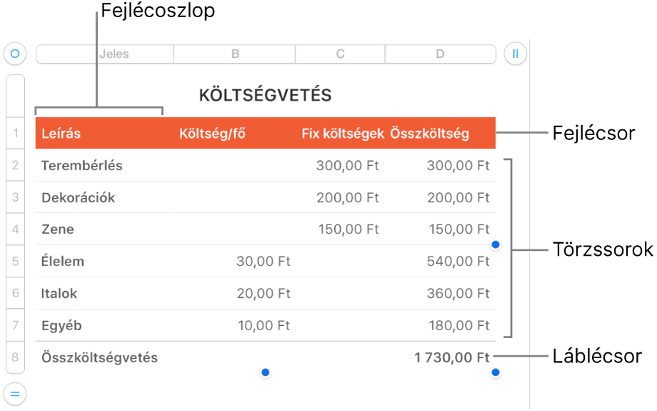 Fejlécet, szövegtörzset, láblécsorokat és oszlopokat megjelenítő táblázat.