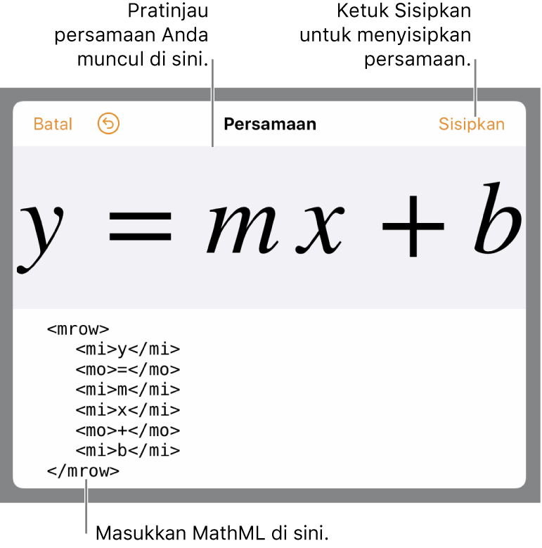 Kode MathML untuk persamaan untuk kemiringan garis dan pratinjau formula di atas.
