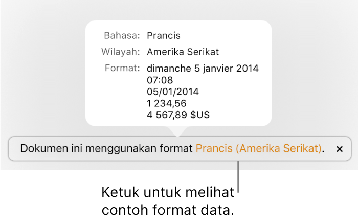 Pemberitahuan pengaturan bahasa dan wilayah yang berbeda, menunjukkan contoh format dalam bahasa dan wilayah tersebut.