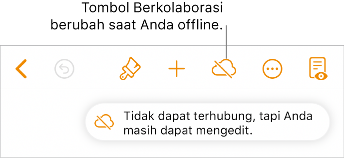 Tombol di bagian atas layar, dengan tombol Kolaborasikan berubah ke awan dengan garis diagonal melaluinya. Peringatan di layar bertuliskan “Anda offline tapi masih dapat mengedit”.