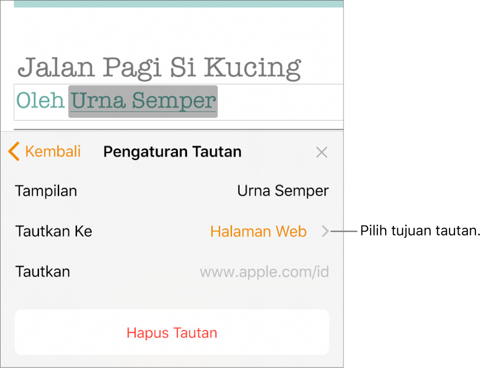 Kontrol Pengaturan Tautan dengan bidang Tampilkan, Tautkan Ke (atur ke Halaman Web), dan bidang Tautkan. Tombol Hapus Tautan di bagian bawah kontrol.