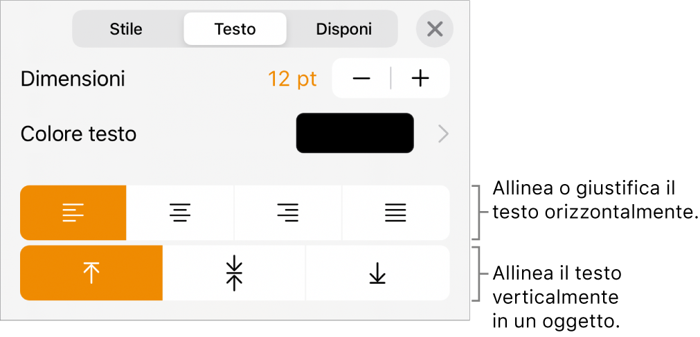 Pannello Layout con didascalie per i pulsanti di allineamento e spaziatura del testo.