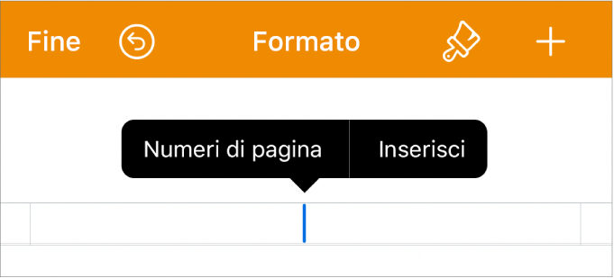 La finestra “Configurazione documento” con il punto di inserimento in un campo di intestazione e un menu a comparsa con due elementi: “Numeri di pagina” e Inserisci.