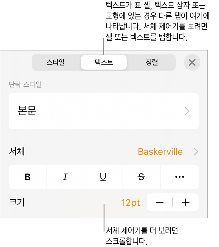 포맷 메뉴에 있는 단락, 문자 스타일, 서체, 크기 및 색상을 설정할 수 있는 텍스트 제어기.