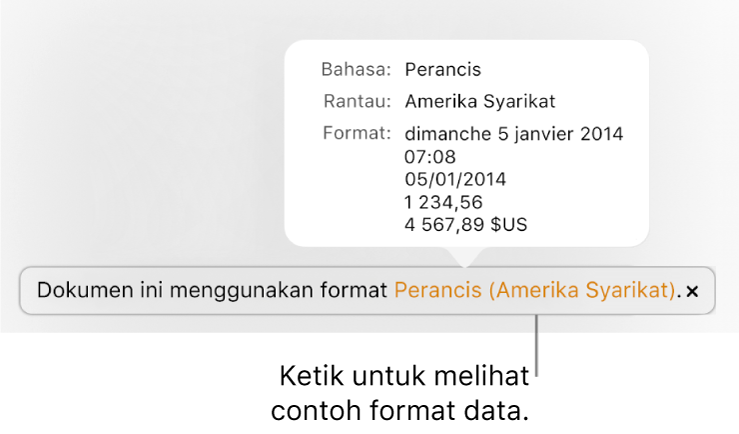 Pemberitahuan seting bahasa dan rantau berbeza, menunjukkan contoh format dalam bahasa dan rantau itu.