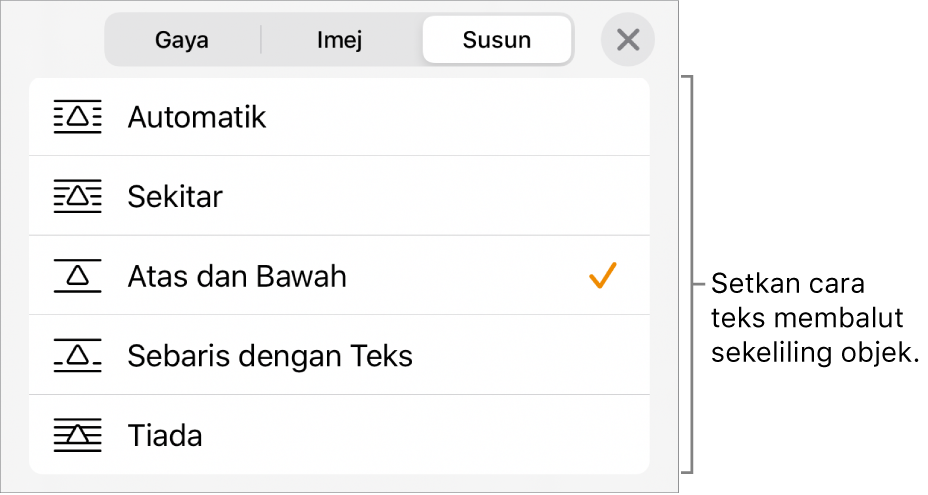 Kawalan Balut Text dengan Seting untuk Automatik, Di Sekeliling, Atas dan Bawah, Sebaris dengan Teks dan Tiada.