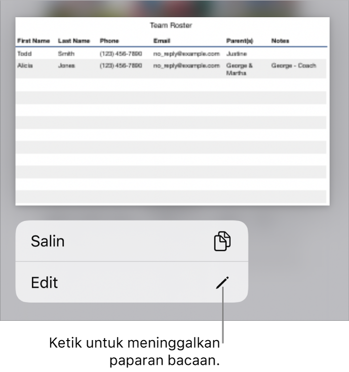 Jadual dipilih dan di bawahnya ialah menu dengan butang Salin dan Edit.
