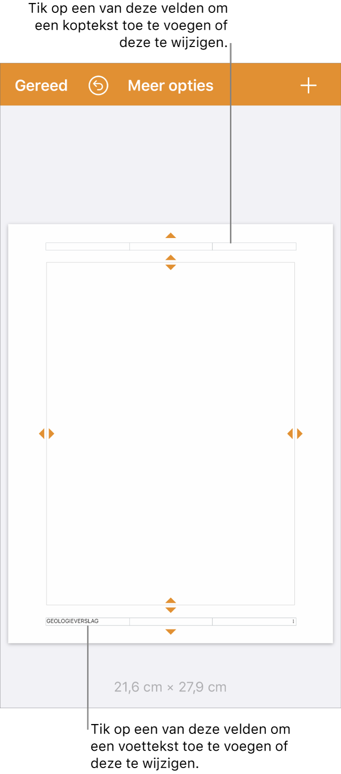 De weergave 'Meer opties' met drie velden boven aan het document voor kopteksten en drie velden onder aan het document voor voetteksten.