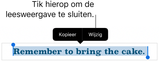 Er is een zin geselecteerd en erboven staat een contextueel menu met de knoppen 'Kopieer' en 'Wijzig'.