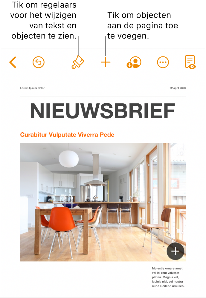 Een Pages-document met knoppen in de knoppenbalk voor het openen van de opmaakregelaars en het toevoegen van objecten.