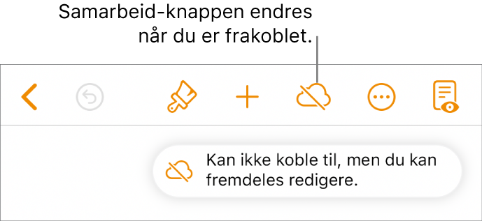 Knappene øverst på skjermen, med Samarbeid-knappen endres til en sky med en diagonal linje gjennom. Et varsel på skjermen sier «Du er frakoblet, men kan fremdeles redigere.»