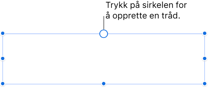 En tom tekstrute med en hvit sirkel øverst og størrelsesendringshåndtak i hjørnene, på sidene og nederst.