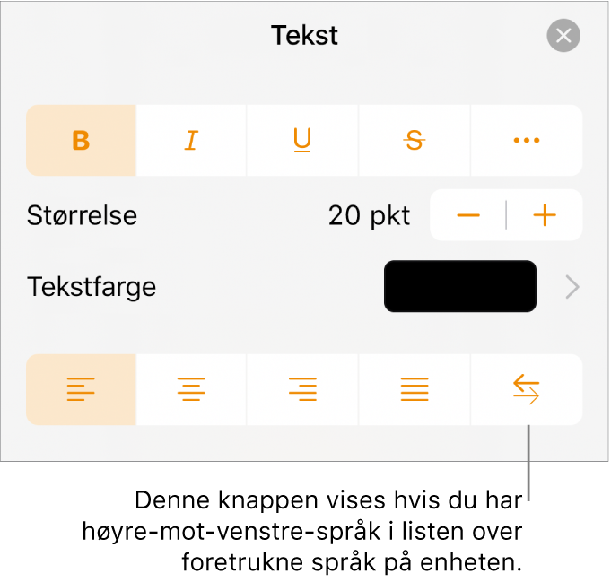 Tekstkontroller i Format-menyen med en bildeforklaring som peker på Høyre til venstre-knappen.