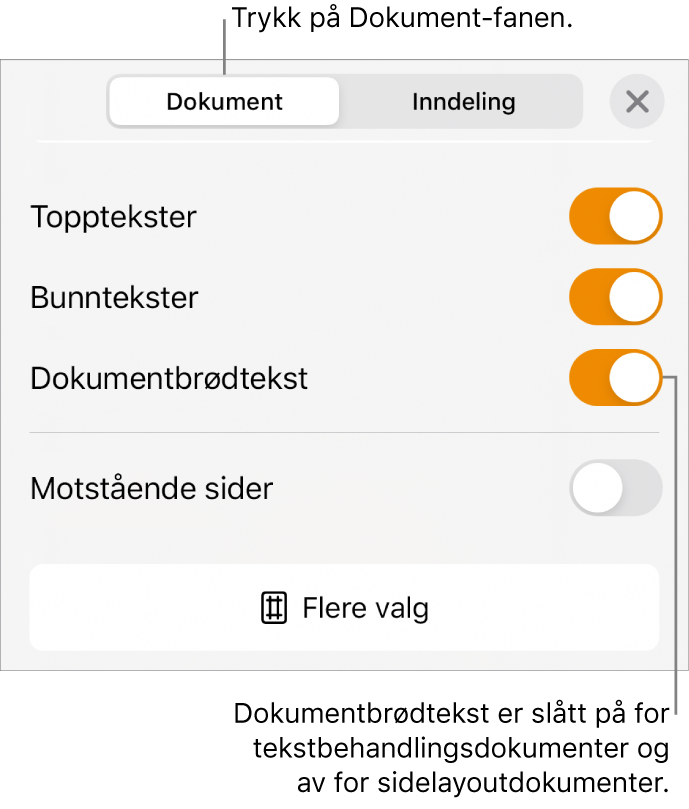 Dokumentformatkontrollene med Dokumentbrødtekst slått på nesten nederst på skjermen.