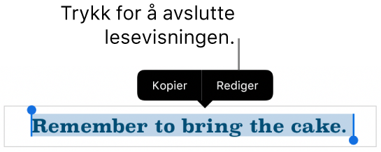 En setning er markert, og over den vises en kontekstmeny med knappene Kopier og Rediger.