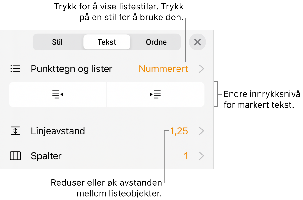 Format-kontrollene, med bildeforklaringer til Punkttegn og lister-menyen, innrykksknappene og linjeavstandkontrollene.