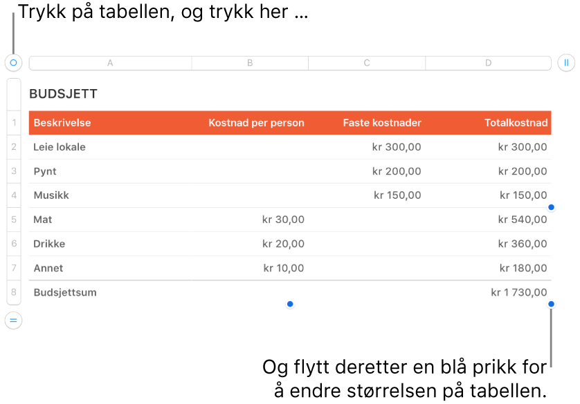 En markert tabell med blå prikker for å endre størrelsen.