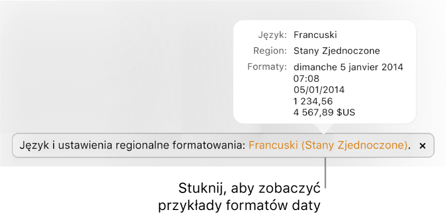 Powiadomienie o różnicy ustawień dotyczących języka i regionu, pokazujące przykłady formatowania używanego w wybranym języku i regionie.