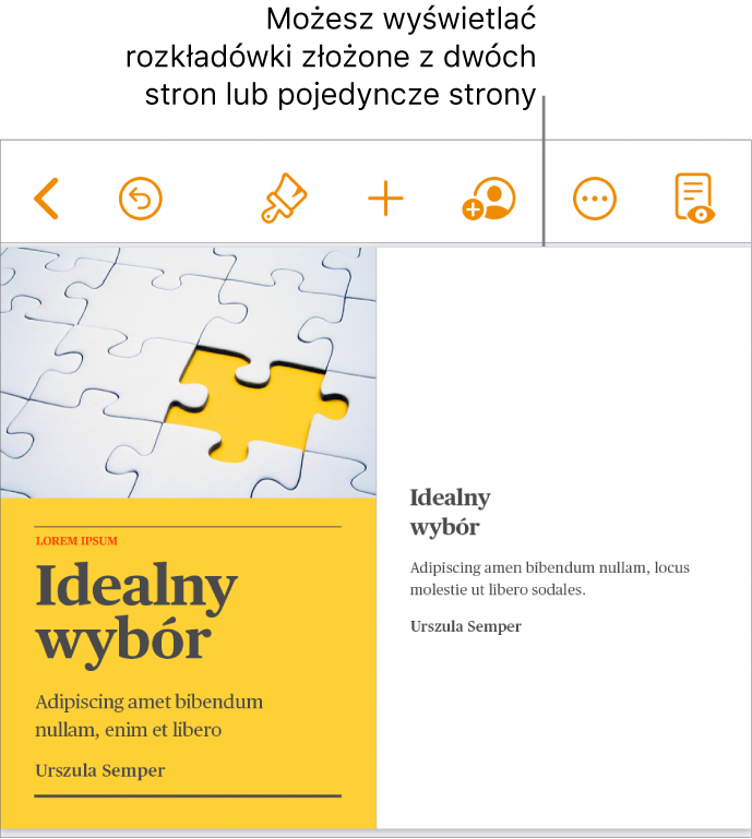 Dokument ze stronami wyświetlanymi jako rozkładówka złożona z dwóch stron.