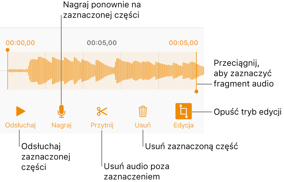 Narzędzia do edycji nagranego dźwięku. Uchwyty wskazują zaznaczoną sekcję nagrania. Poniżej widoczne są przyciski podglądu, nagrywania, przycinania, usuwania oraz trybu edycji.