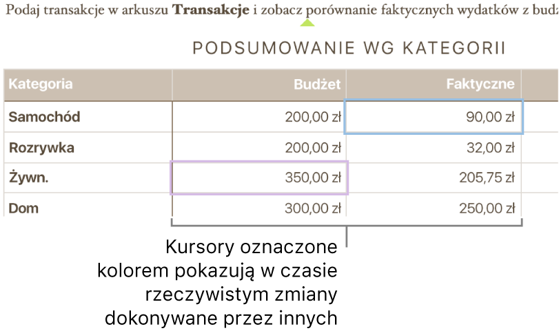 Kolorowe trójkąty pod tekstem pokazują miejsca edycji dokonywanych przez poszczególne osoby.