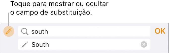 Controles para buscar e substituir texto.