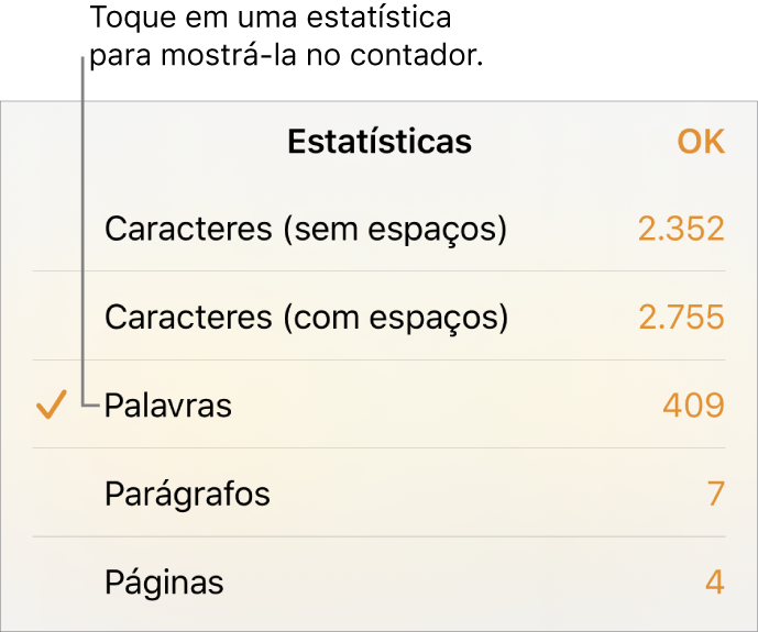 O menu Estatísticas mostrando opções para mostrar o número de caracteres com e sem espaços, contagem de palavras, contagem de parágrafos e contagem de páginas.