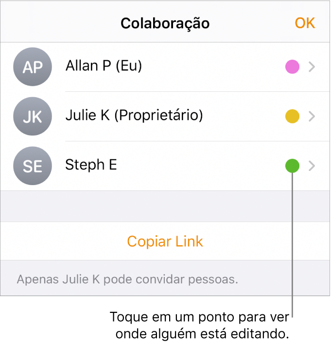 Lista de participantes com três participantes e um ponto colorido diferente à direita de cada nome.