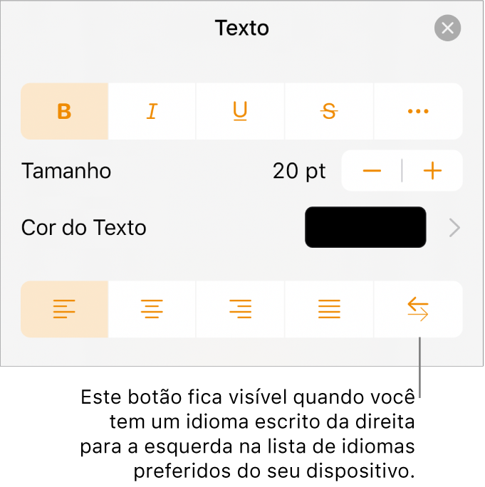 Controles de texto no menu Formatar com uma chamada apontando para o botão da esquerda para a direita.