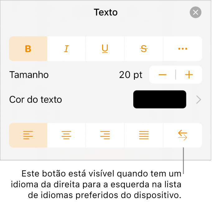 Controlos de texto no menu Formatação com uma chamada a apontar para o botão Da direita para a esquerda.
