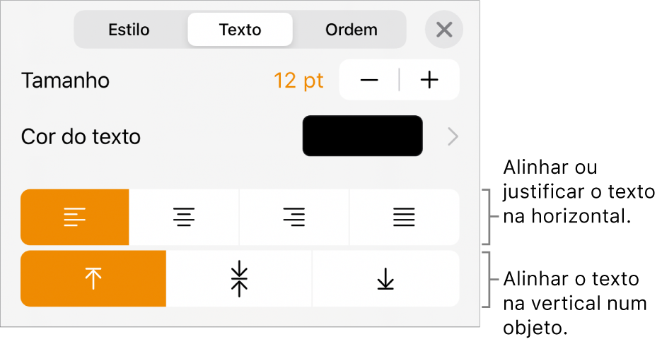 O painel Disposição com chamadas para os botões de alinhamento e espaçamento de texto.