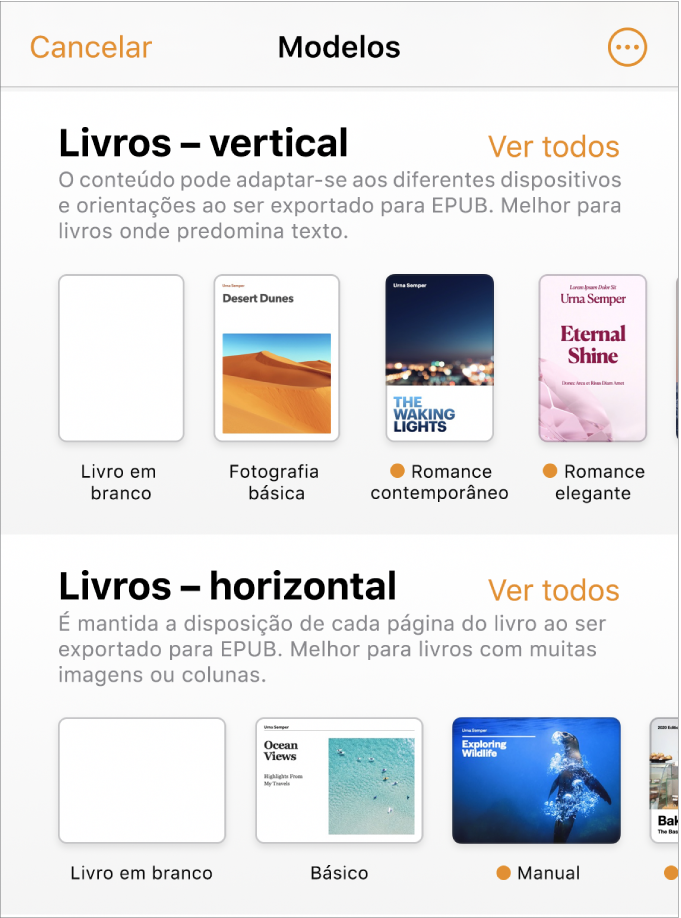A lista de modelos com os modelos de livro na orientação vertical na parte superior e a orientação horizontal por baixo.