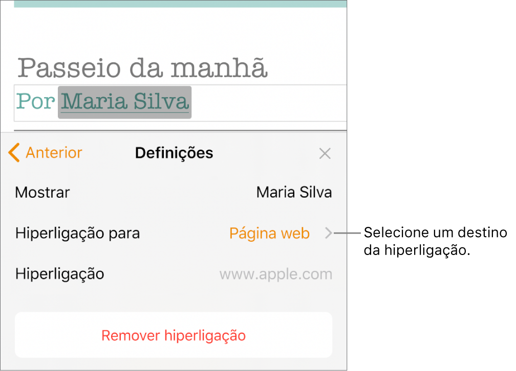Os controlos de Definições, que contêm um campo Mostrar, Ligar a (definido para a página Web) e o campo Hiperligação. O botão Remover hiperligação encontra-se na parte inferior dos controlos.
