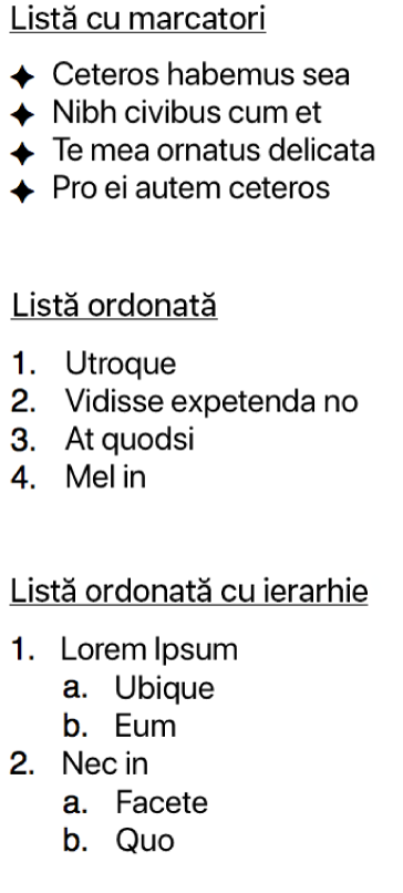 Exemple de liste cu marcatori, liste ordonate și liste ordonate pe ierarhii.