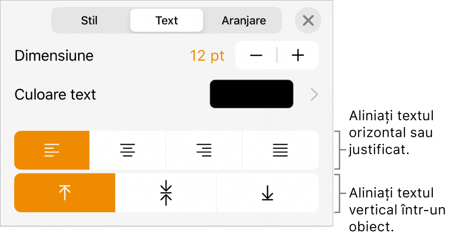 Panoul Aranjament cu explicații pentru butoanele de aliniere a textului și de spațiere.