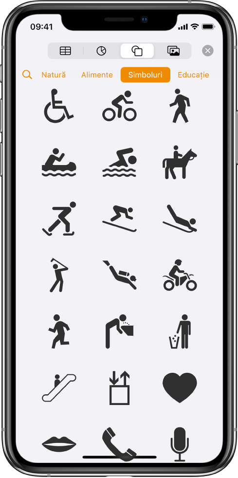 Meniul Inserare, cu butoane în partea de sus, pentru adăugarea tabelelor, diagramelor, formelor și elementelor multimedia. Este selectată opțiunea Forme și meniul acesteia afișează un rând de categorii, cu butonul Căutare în stânga. Categoria Activități este selectată și apar forme dedesubt.