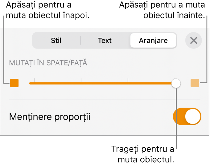 Butonul Deplasare înapoi, butonul Deplasare înainte și glisorul pentru straturi.