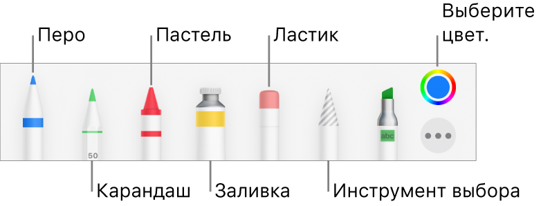 Панель инструментов рисования: перо, карандаш, пастель, заливка, ластик, инструмент выбора и цветовая область с текущим цветом.
