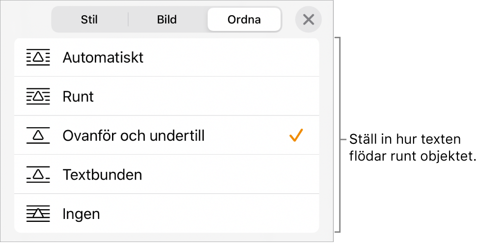 Textradbrytningsreglagen med inställningar för Automatiskt, Runt, Ovanför och nedanför, Textbunden och Ingen.