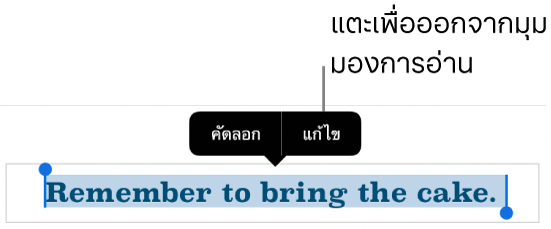 ประโยคถูกเลือกอยู่ และด้านบนเป็นเมนูบริบทที่มีปุ่มคัดลอกและปุ่มแก้ไข