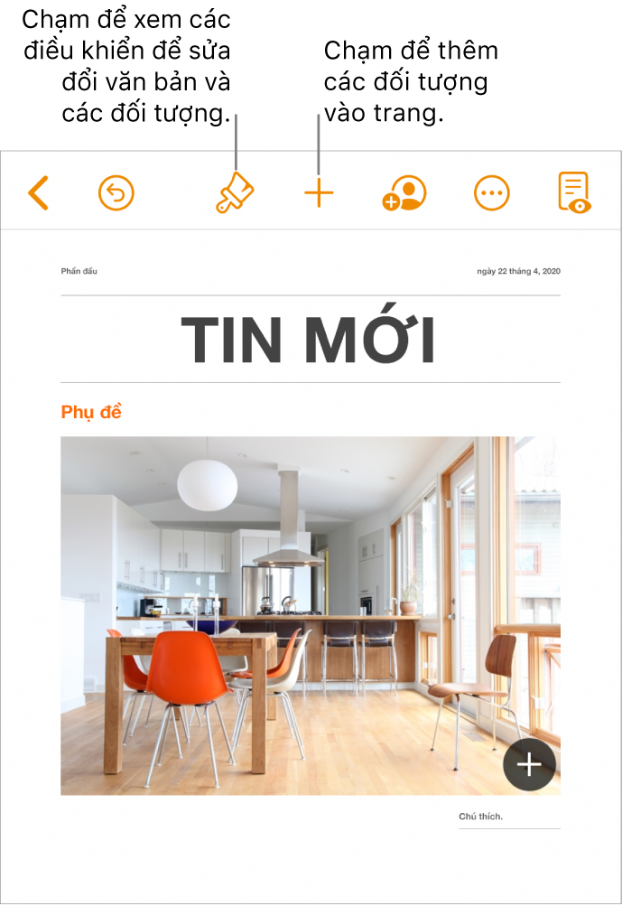 Tài liệu Pages có các nút trên thanh công cụ để mở điều khiển Định dạng và thêm đối tượng.