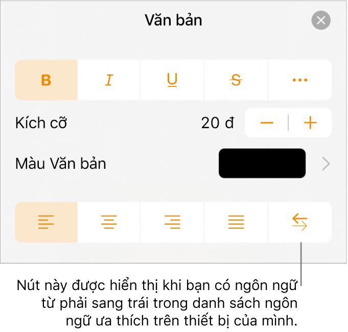 Các điều khiển văn bản trong menu Định dạng với chú thích đang trỏ tới nút Phải sang trái.