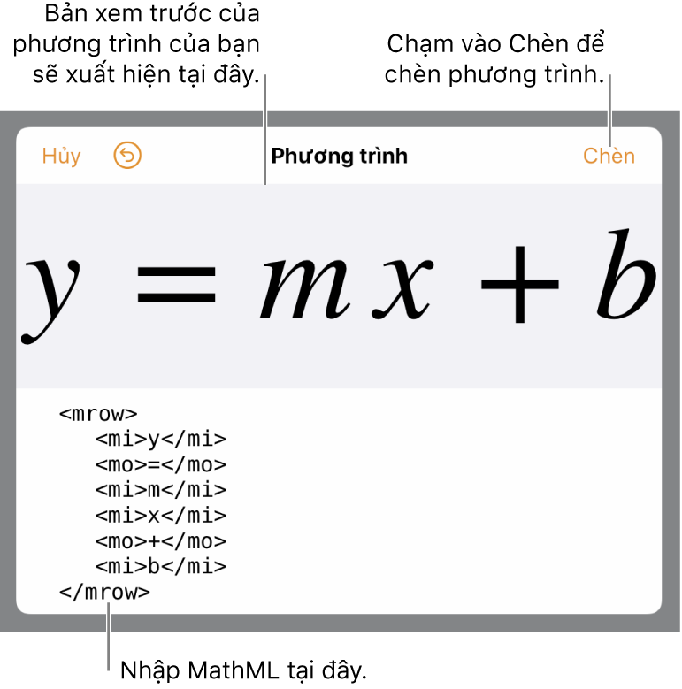 Mã MathML cho phương trình tính độ dốc của một đường và bản xem trước của công thức ở bên trên.