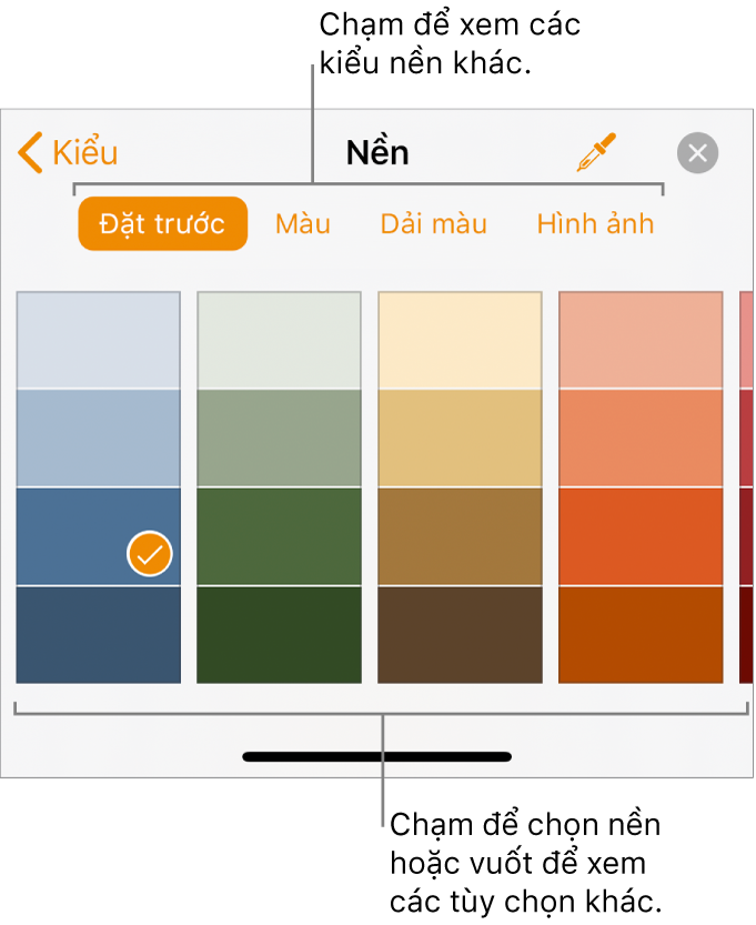 Các tùy chọn Nền trong tab Kiểu của nút Định dạng.