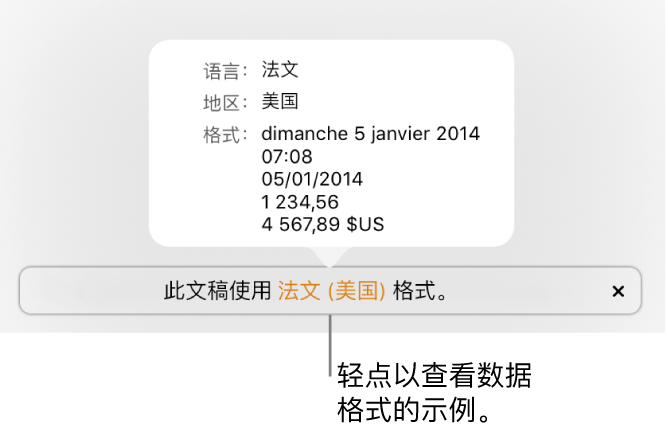 不同语言和地区设置的通知，显示该语言和地区的格式示例。