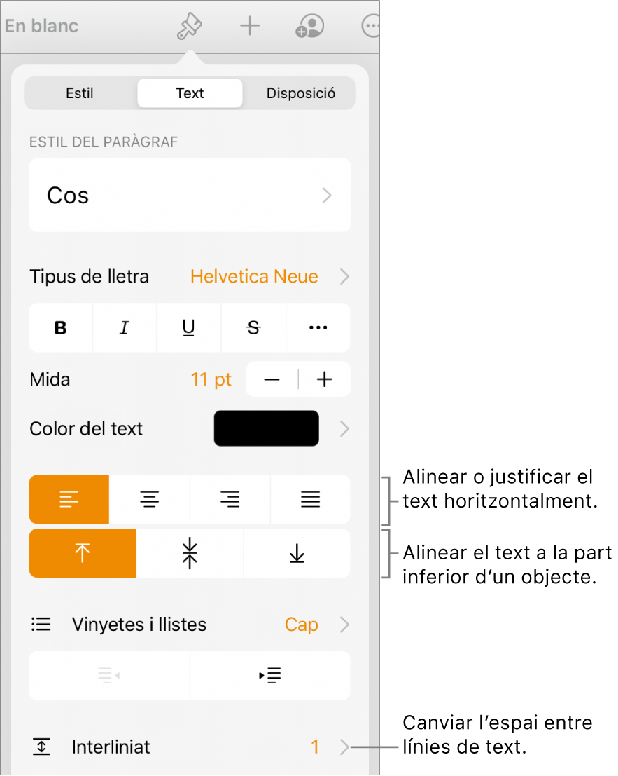 El botó “Controls de format” amb la pestanya Text seleccionada i llegendes per als botons d’alineació de text i a l’ítem de menú Interlineat.