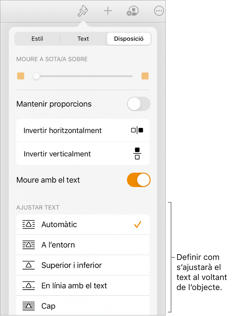 Els controls de format amb la pestanya Organitzar seleccionada. A sota hi ha els controls de l’opció “Ajustar text”, amb “Moure enrere/davant”, “Moure amb el text” i “Ajustar text”.