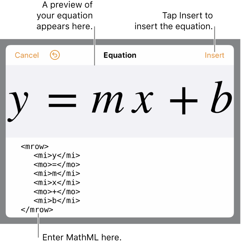 MathML code for the equation for the slope of a line and a preview of the formula above.